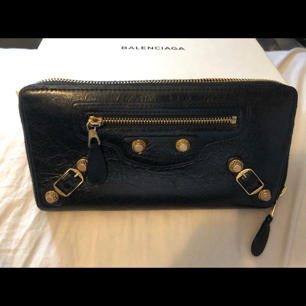 Balenciaga black city zip around wallet.